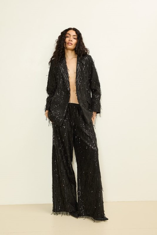 SOUVENIR Pantalone con frange in paillettes con elastico in vita