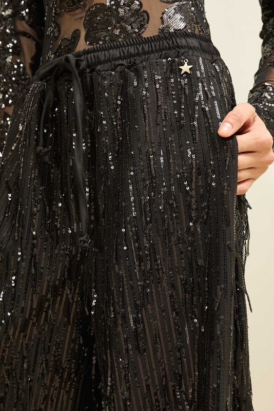 SOUVENIR Pantalone con frange in paillettes con elastico in vita