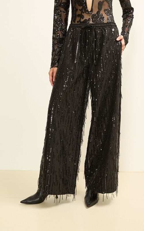 SOUVENIR Pantalone con frange in paillettes con elastico in vita