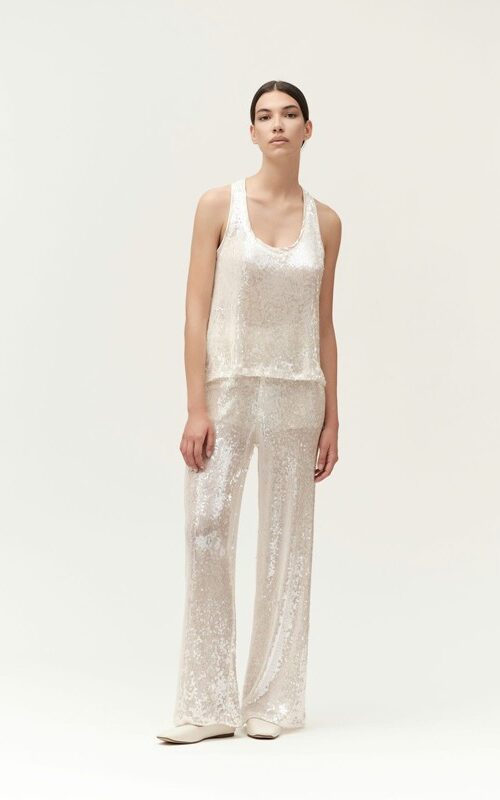 WHITE WISE Top smanicato in paillettes