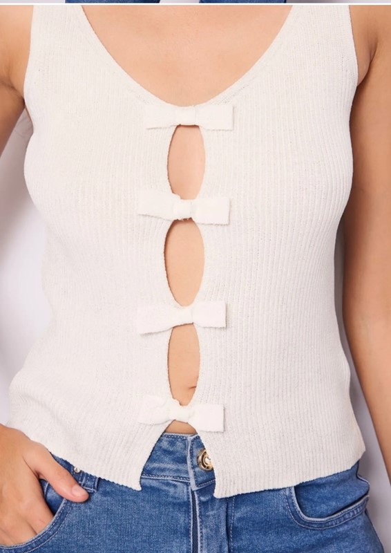 DENNY ROSE Top bianco in maglia lurex con fiocchi