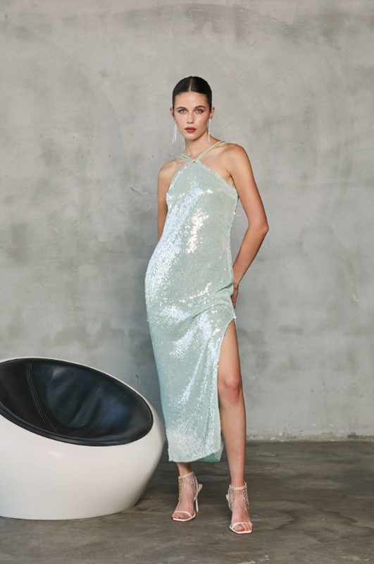 RELISH Abito lungo in paillettes con bretelle in tulle