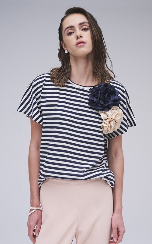 H2O T-shirt m/m righe con arricciatura sul davanti e spille