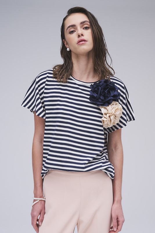 H2O T-shirt m/m righe con arricciatura sul davanti e spille